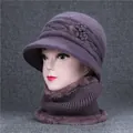 Winter dark purple knitted hat and neck scarf set with rabbit fur lining and pearls - Hat And Scarf / Taro