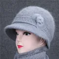 Women's grey knit hat and scarf set with rabbit fur flower detail for seniors - Gray (Hat Only)