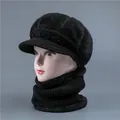 Winter black faux mink knit hat and neck warmer set with beads for elderly women - One Size Stretchy / Hat And Neck Warmer / Black