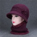 Deep red knit beanie and neck warmer set with pearl flower detail for winter comfort - Hat And Scarf / Mauve