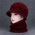 Winter burgundy knitted hat and scarf set for elderly women with faux fur trim - Wine Red (Hat And Snood)
