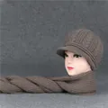 Detail view of brown knit hat and scarf set with thick cable texture and soft warm lining - One Size (Stretchy) / Khaki (Hat + Scarf Set)
