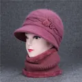 Winter rabbit fur knit hat and scarf set in deep purple with pearl floral detail - Hat And Scarf / Dusty Pink