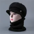 Women's warm black knit newsboy hat and neck scarf set with fleece lining for winter - Hat + Neck Warmer / Black