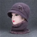 Women's purple winter knitted hat and scarf set with fur lining and flower detail - Taro Purple (Hat And Snood)