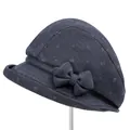 Women's vintage bucket hat in dark blue with geometric prints and bow detail - M (56-58cm) / Blue