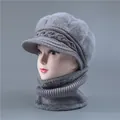 Gray winter knitted hat and neck scarf set for elderly women with faux fur details - One Size Stretchy / Hat And Neck Warmer / Gray