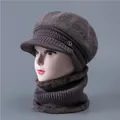 Deep brown warm knit hat and neck warmer set with faux fur and rhinestone D detail - Hat + Neck Warmer / Khaki
