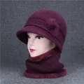 Winter purple knit cloche hat and scarf set with floral bow detail for elderly women - Dusty Purple (Hat And Snood)
