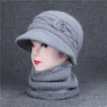 Light gray knit hat and neck warmer set with pearl accents and faux fur details - Hat And Scarf / Gray