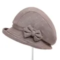 Detail of light brown bucket hat with white polka dots and elegant bow decoration - M (56-58cm) / Khaki