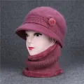 Women's winter knit beanie hat and scarf set in deep purple with floral decor - Dusty Pink (Hat And Neck Warmer Set)