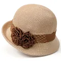 Elegant beige straw sun hat with decorative dark brown flowers and yellow mesh trim - M (56-58cm) / Beige