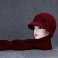 Women's burgundy knit hat and scarf set with faux fur pom pom and floral detail - Hat And Scarf / Burgundy