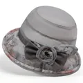 Chapeau de soleil élégant en organza gris avec motif floral et nœud en maille pour femmes - M (56-58cm) / Gris