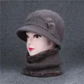 Dark grey-brown winter knit hat and scarf set with fur floral detail for elderly women - Khaki (Hat And Snood)