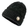 Gorro de invierno negro de felpa para mujeres mayores con flor dorada y perla - Talla Única (Circunferencia 56-60) / Estilo D Flor De Metal Negro Forro Felpa
