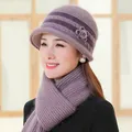 Winter purple rabbit fur blend knit hat and scarf set with flower detail for women - Taro