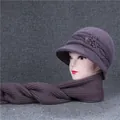 Elegant purple rabbit fur knit hat and scarf set with floral accents for winter warmth - Hat And Scarf / Taro