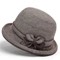 Elegant brown textured cloche hat for elderly women featuring a classic side bow detail - M / Khaki