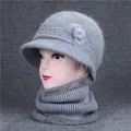 Dark grey knitted hat and scarf set for elderly women with floral and fur pom decoration - Gray (Hat And Neck Warmer Set)