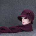 Deep purple rabbit hair knitted hat and scarf set with pearls and floral decor - Hat And Scarf / Mauve