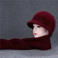 Winter warm knit beanie hat and scarf set in wine red for elderly women with flower detail - Wine Red (Hat And Scarf)