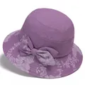 Elegant purple wide-brim sun hat for elderly women with floral embroidery and bow detail - M / Purple