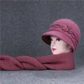 Women's burgundy rabbit fur knit hat and scarf set with pearls and flower detail - Hat And Scarf / Dusty Pink