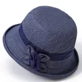 Navy blue breathable cotton sun hat for elderly women with decorative floral accent - M / Blue