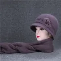 Dark purple knitted cloche hat and scarf set with flower accent and plush pompom details - Taro Purple (Hat And Scarf)