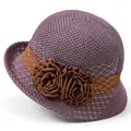 Elegant purple woven sun hat for women with brown floral ribbon and gold mesh veil - M (56-58cm) / Taro