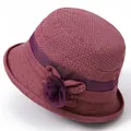 Women's burgundy sun hat for middle-aged ladies with floral ribbon and mesh decor - M / Burgundy