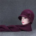 Women's dark purple winter knitted hat and scarf set with flower detail - Dusty Purple (Hat And Scarf)