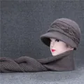 Winter dark coffee rabbit fur knit hat and scarf set with elegant pearl flower detail - Hat And Scarf / Khaki