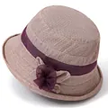 Close-up of pink cotton linen sun hat with breathable texture and purple mesh flower detail - M / Khaki