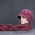 Women's winter knit beanie hat and scarf set in dark pink purple with floral detail - Dusky Pink (Hat And Scarf)