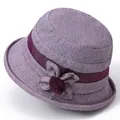 Women's breathable purple cotton linen cloche sun hat with floral ornament for elderly - M (56-58cm) / Light Purple