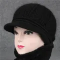 Women's black rabbit fur knit visor hat and neck scarf set with fleece lining for winter - One Size (Stretchy) / Black (Single Hat)