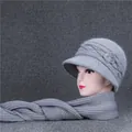Light gray winter knit hat and scarf set with faux fur pom pom and pearl accents - Hat And Scarf / Gray