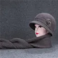 Women's warm winter knitted rabbit fur hat and scarf set in dark brownish grey color - Khaki (Hat + Scarf Set)