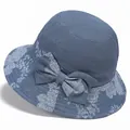Women's blue floral sun hat with a decorative bow, elegant breathable cotton bucket hat - M / Blue