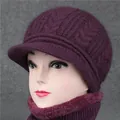 Winter knit hat and scarf set for elderly women in deep purple with fleece lining - One Size (Stretchy) / Dusky Purple (Hat Only)