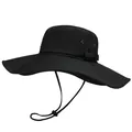 Wasserfester schwarzer Sonnenhut mit breiter Krempe und Kinnriemen zum Wandern und Angeln - M (56-58cm) / Schwarz