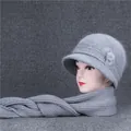 Winter light grey knit hat and scarf set with fur pom-pom and bow for elderly women - Gray (Hat And Scarf)