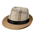 Cappello fedora da uomo in paglia a quadretti con nastro nero e tesa larga da mare - M (56-58cm) / Kaki