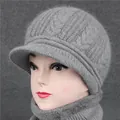 Grey knit winter hat with peak and matching fleece-lined neck warmer set for elderly women - One Size (Stretchy) / Gray (Hat Only)