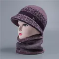 Winter knit hat and scarf set in purple for elderly women with bee accent - One Size (Stretchy) / Hat And Neck Warmer / Taro