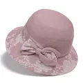 Detail view of pink sun hat featuring floral lace patterns and a side ribbon decoration - M (56-58cm) / Tan