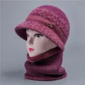Women's winter rabbit fur knit hat and scarf set in deep purple with fleece lining - One Size (Stretchy) / Hat And Neck Warmer / Mauve